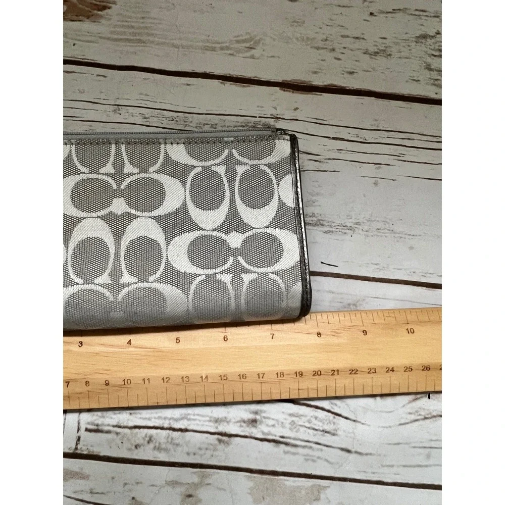 Coach Trifold Wallet Silver Gray Signature C Monogram Metallic Trim Large OS